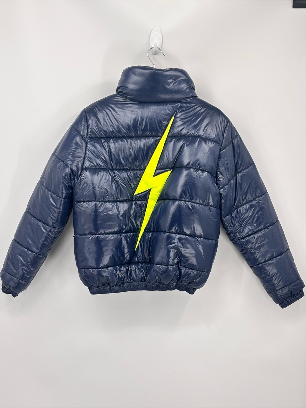 Aviator Nation Bolt Luxe puffer navy yellow glossy jacket /Coat Medium - Picture 3 of 9